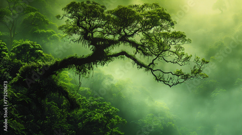 Misty rainforest with sunlight piercing through