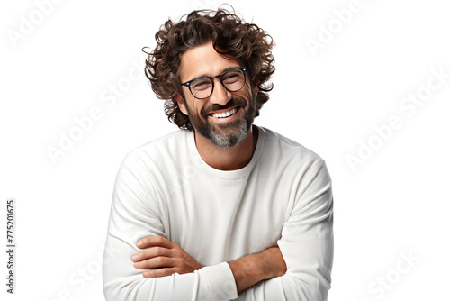 Captivating Portrait of a Curly-Haired Man in Glasses. White or PNG Transparent Background.
