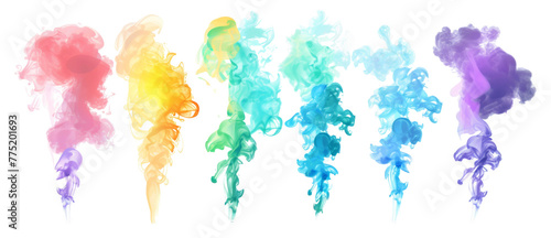Multicolored abstract smoke clouds isolated on transparent background
