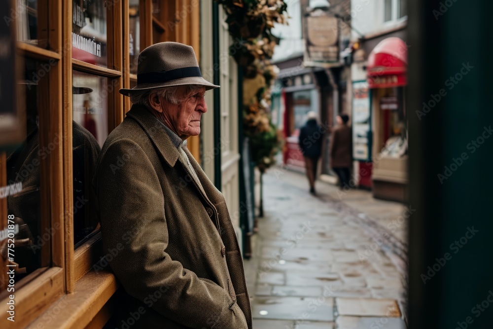 An elderly man in a coat and a hat looks out the window of a cafe.