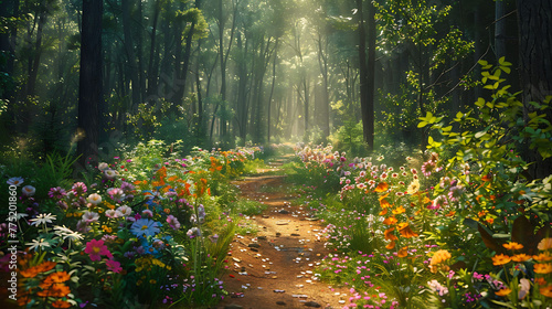 A sun-dappled forest path lined with wildflowers