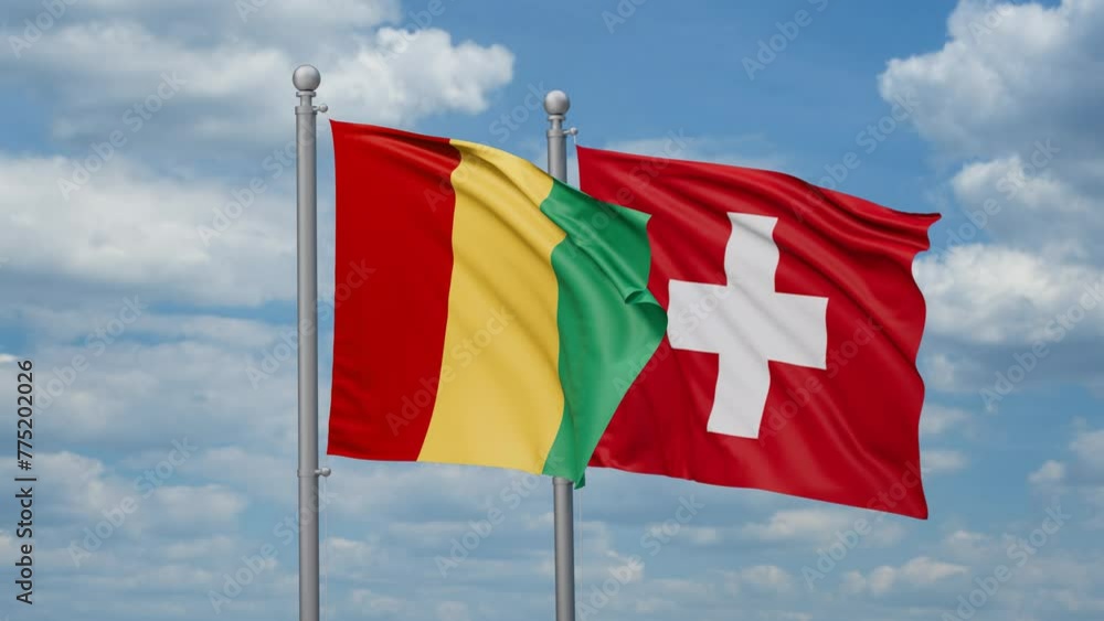 Switzerland and Republic of Guinea two flags waving together, looped video, two country cooperation concept Switzerland and Republic of Guinea two flags waving together, looped video, two country cooperation concept