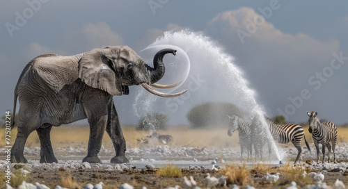 An elephant spraying water on zebras at the watering hole in Etosha National Park photo
