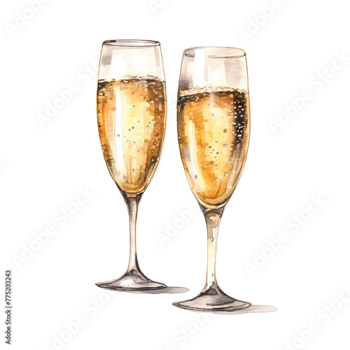 Pair of champagne glasses with golden bubbles
