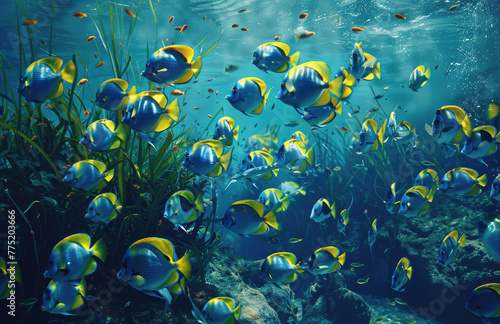 Blue and yellow fish school underwater in the ocean reef.
