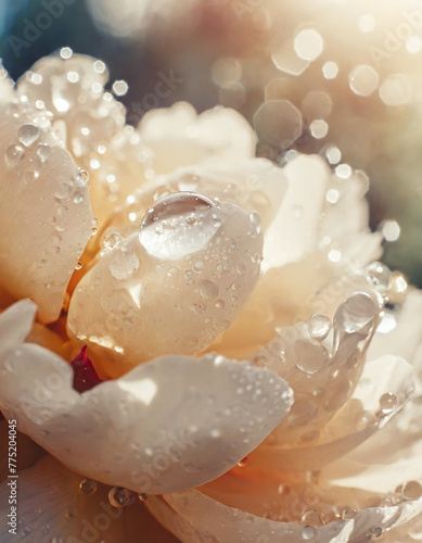 Abstract natural background with beautiful water drops on a pink and lilac petal peony close-up macro, trendy color 2024, peach color, peach color
 photo