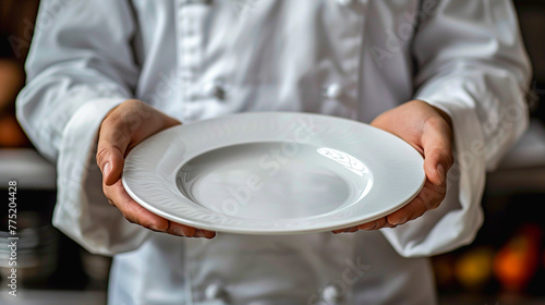 Chef in a white uniform presents an empty white plate with an intricate design, ready for plating.