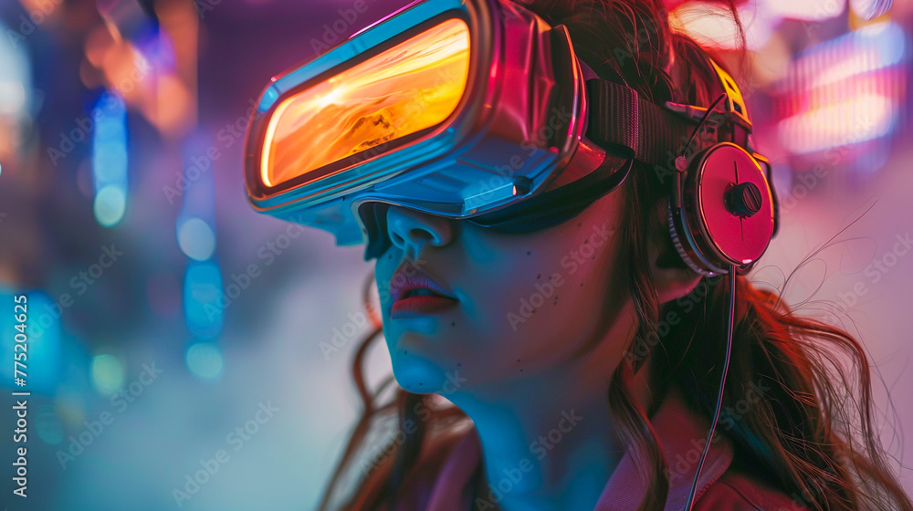 Woman with headphones on experiences a virtual reality environment, her goggles reflecting a vivid sunset.