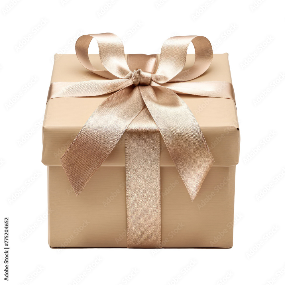 single elegant beige birthday present with a satin ribbon bow, set against a pure white backdrop. single elegant beige birthday present with a satin ribbon bow, set against a pure white backdrop.