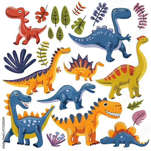 Color childish cartoon pattern with dinosaurs on white background  graphical illustration generated with AI . Kids design for typography
