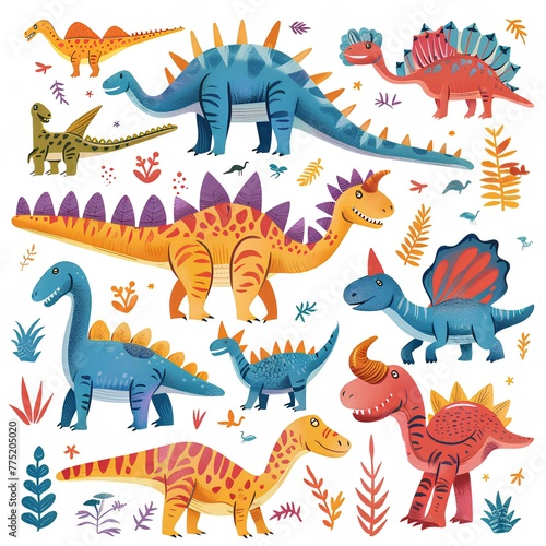 Color childish cartoon pattern with dinosaurs on white background  graphical illustration generated with AI . Kids design for typography