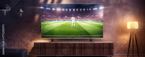 Big Flat Televison with soccer match in modern living room.