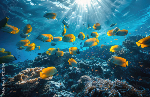 Blue and yellow fish school underwater in the ocean reef. © Kien