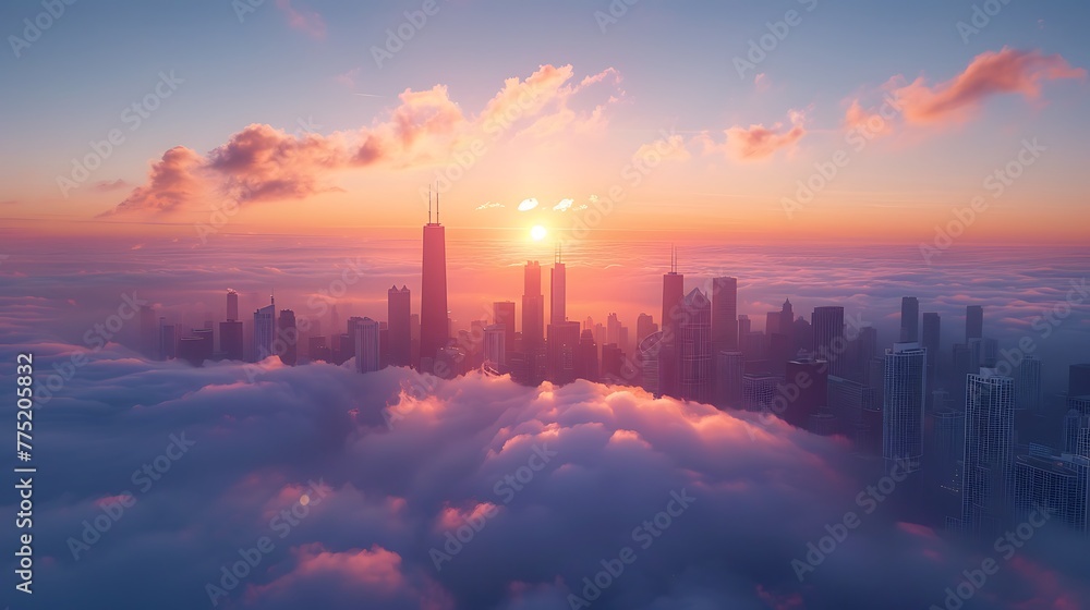A sunrise over a fog-covered cityscape - urban mystique - obrazy, fototapety, plakaty 