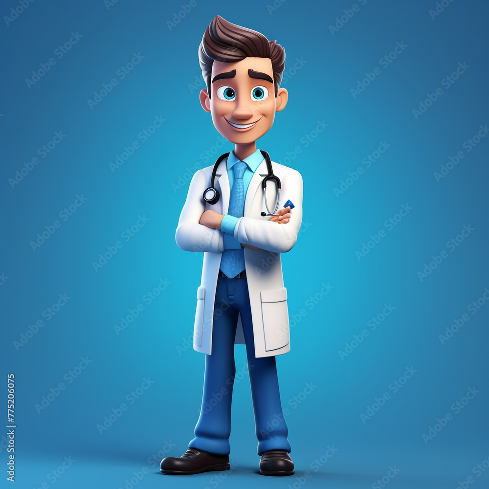 Fototapeta premium Human doctor cartoon character with stethoscope, looking at camera сreated with Generative Ai