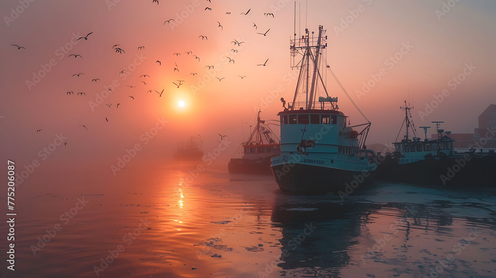 A sunrise over a fog-covered harbor - the beginning of a new day