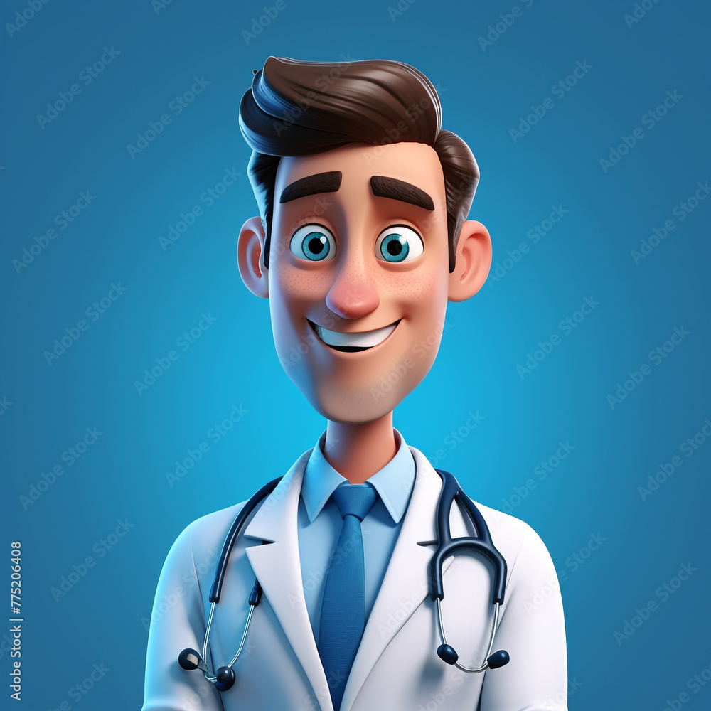 Human doctor cartoon character with stethoscope, looking at camera сreated with Generative Ai