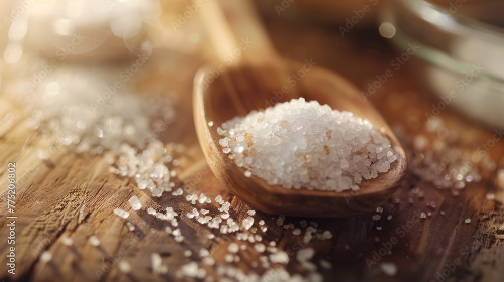 Sea salt in wooden spoon on wooden background, shallow depth of field Sea salt in wooden spoon on wooden background, shallow depth of field