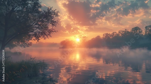 A sunrise over a misty lake - the quiet awakening of nature