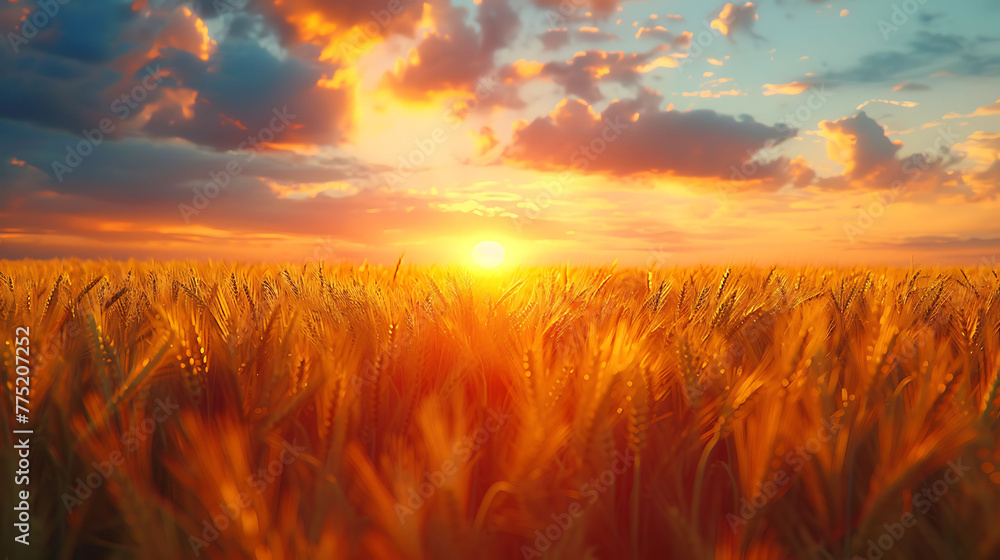 A sunset over a field of wheat - rural tranquility - obrazy, fototapety, plakaty 