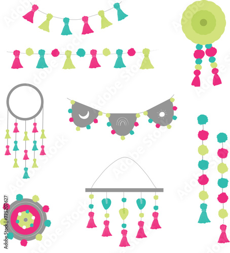 Boho decorations set cute hanging decorative elements hangings colorful set decoration set boho illustrations 