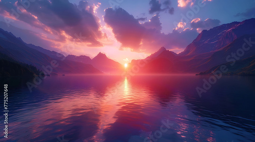 A sunset over a serene mountain lake - mountain tranquility
