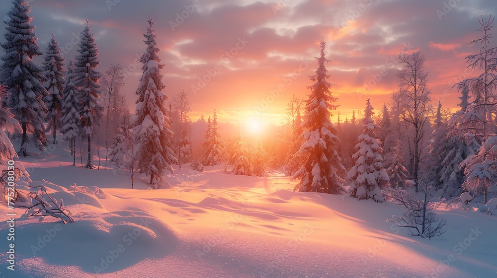 A sunset over a snow-covered forest - winter's peaceful embrace