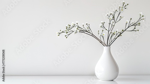 Elegance in simplicity  White vase holds delicate flowers on white  emanating serenity and minimalist beauty.