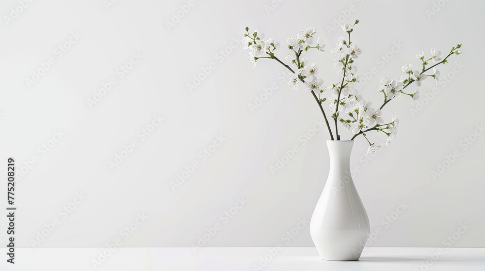 Elegance in simplicity: White vase holds delicate flowers on white, emanating serenity and minimalist beauty.