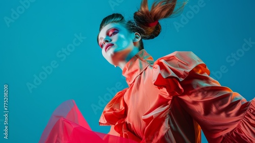 A chic fashion shoot with a model in avant-garde attire, striking a pose, ideal for high-fashion and lifestyle brands.