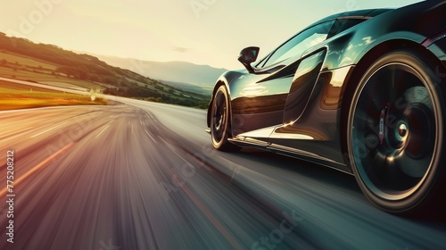 A high-speed sports car on an open road, blur effect emphasizing speed, suitable for automotive advertising. 