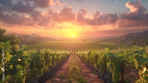A sunset over a vineyard with rows of grapevines - the beauty of wine country © Be Naturally