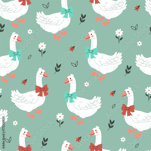 Seamless pattern with geese with bows on their necks. Vector graphics.