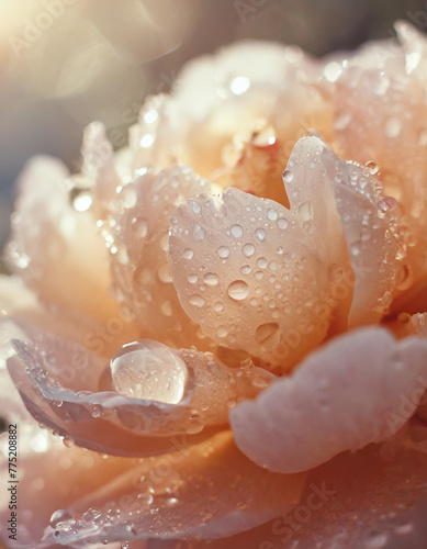 Abstract natural background with beautiful water drops on a pink and lilac petal peony close-up macro, trendy color 2024, peach color, peach color
 photo