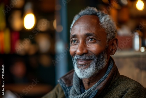 Portrait of senior African man with beard and mustache smiling in cafe