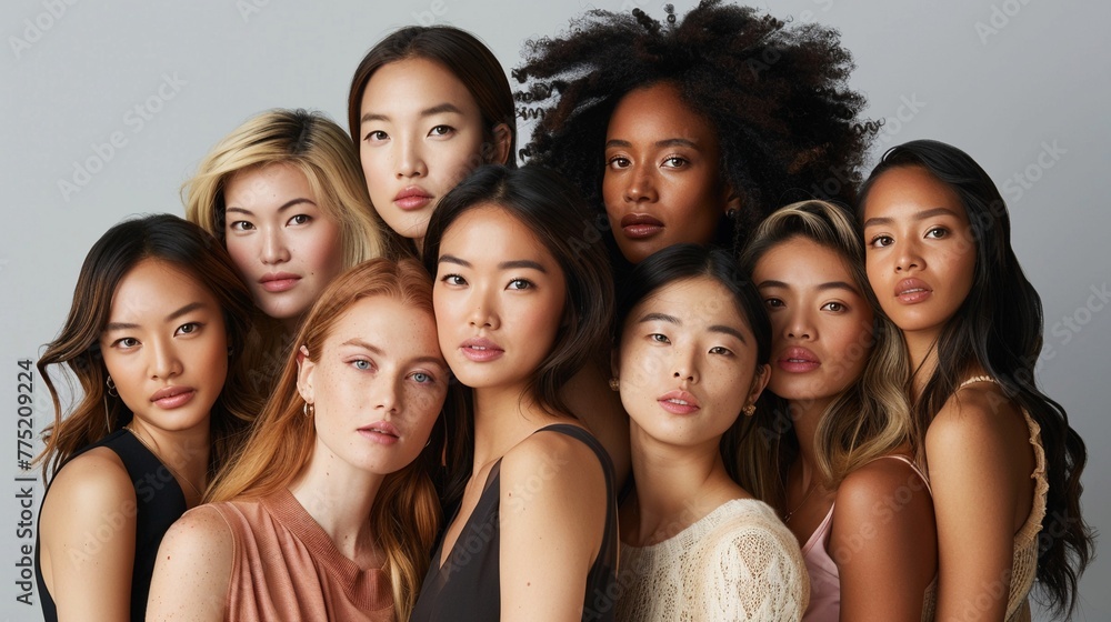 Beauty Portrait of Diverse Group of Women | Posing Together Against Light Grey Background