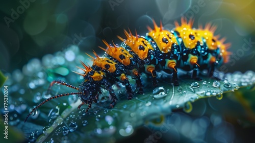 Macro photo of vibrant caterpillar on dewy leaf edge with detailed textures and natural lighting
