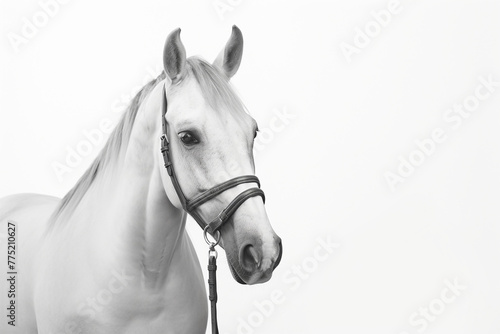 horse with bridle standing in front of a white halter, in the style of monochromatic minimalist portraits сreated with Generative Ai