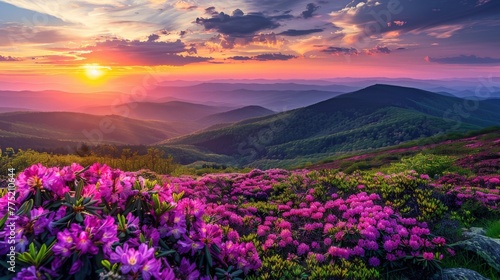Majestic Sunset Over Mountains With Flower Foreground