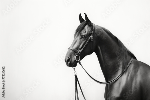 horse with bridle standing in front of a white halter, in the style of monochromatic minimalist portraits сreated with Generative Ai © Andrii Yablonskyi