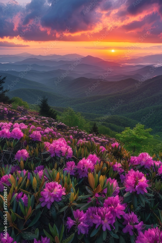 Fototapeta premium Beautiful Sunset Over Mountains With Pink Flowers