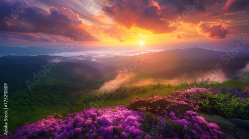 Sun Setting Over Mountains and Flowers