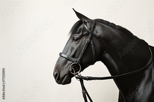 horse with bridle standing in front of a white halter, in the style of monochromatic minimalist portraits сreated with Generative Ai