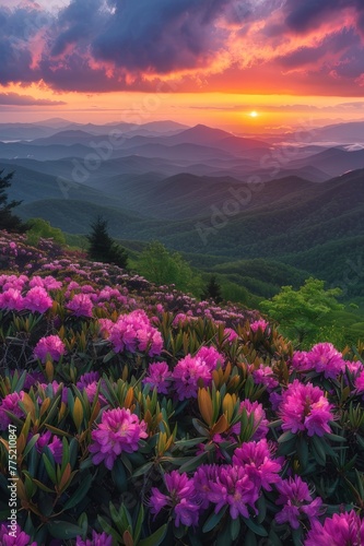 Beautiful Sunset Over Mountains With Pink Flowers