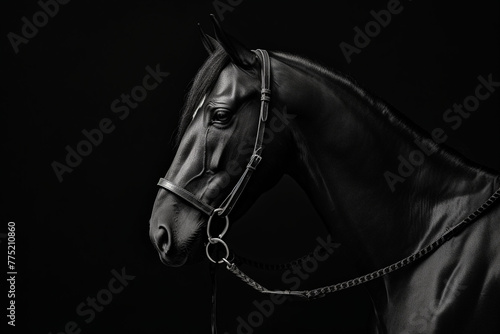 horse with bridle standing in front of a white halter, in the style of monochromatic minimalist portraits сreated with Generative Ai © Andrii Yablonskyi