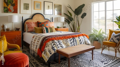 An eclectic bedroom with mismatched furniture, vibrant patterns, and an assortment of decorative pillows. photo