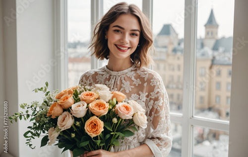 Beautiful young woman holding bouquet of flowers against window, spring, happy