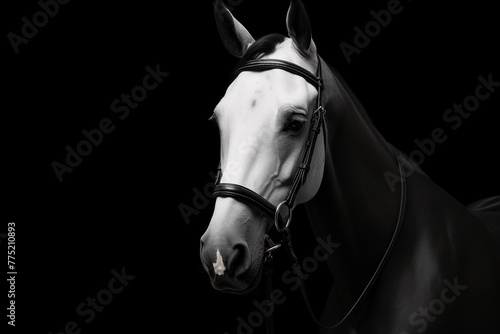 horse with bridle standing in front of a white halter, in the style of monochromatic minimalist portraits сreated with Generative Ai