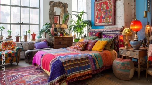 An eclectic bedroom with mismatched furniture, vibrant patterns, and an assortment of decorative pillows. © sajida