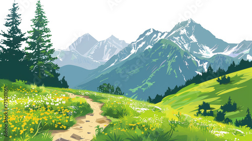 Idyllic mountain path through vibrant meadow and pine trees isolated on transparent background